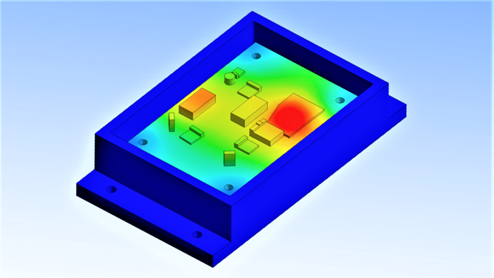 3D-Modell zeigt ein rechteckiges Gehäuse in Blau mit verschiedenen geometrischen Formen in bunten Farben darauf. 